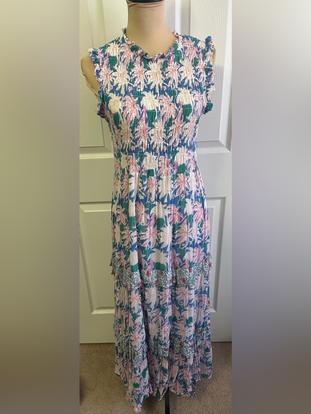 Oliphant Blue Pink Floral Smocked Maxi Dress